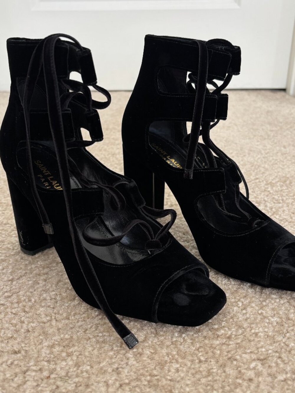 Saint Laurent Black Velvet Lace Up Loulou Block Heels size 36 US 6